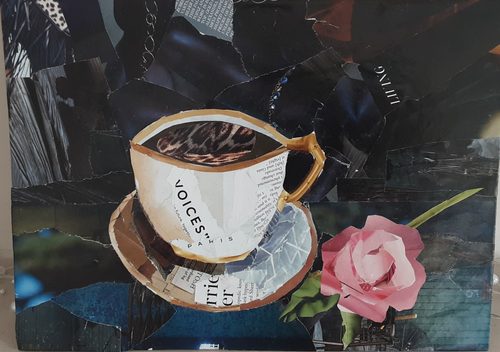 Chrissy F, Coffee time, recycled magazine collage.